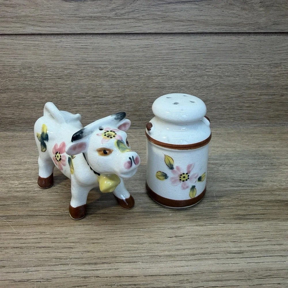 Vintage Ceramic Cow and Milk Can Salt and Pepper Shakers Japan Farmhouse Floral